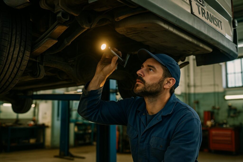 Meccanico ispeziona il telaio di un Ford Transit usato su elevatore in officina italiana