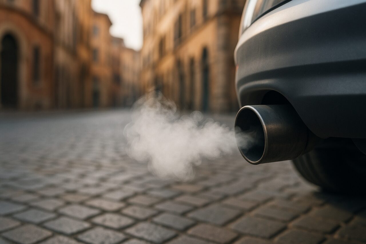 Fumo bianco dallo scarico di un'auto usata in una città italiana