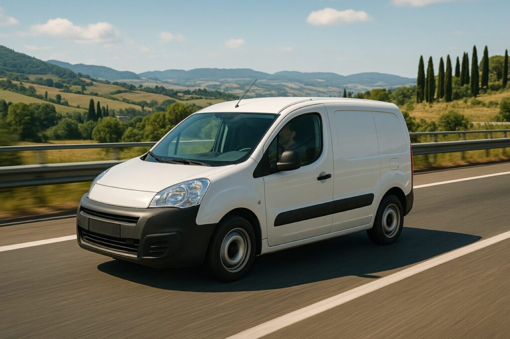 Furgone compatto in autostrada italiana per rigenerazione DPF noleggio lungo termine