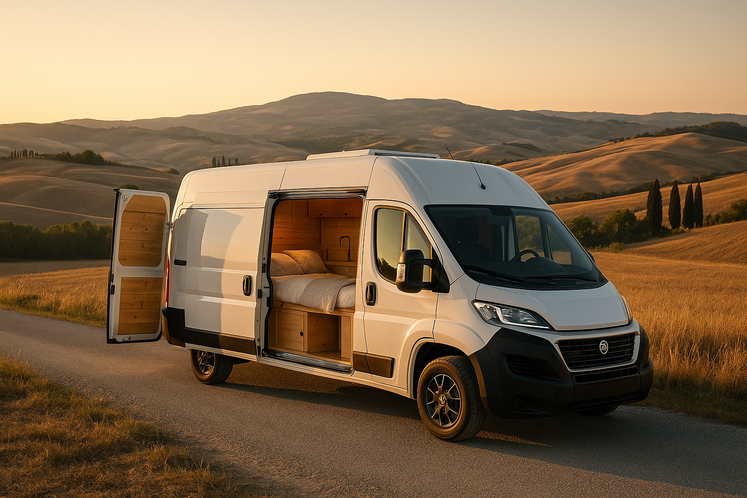 Furgone in noleggio a lungo termine trasformato in camper van parcheggiato in campagna italiana