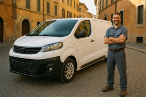 Furgone usato in noleggio a lungo termine parcheggiato in una città italiana con artigiano