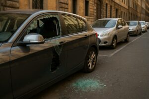 Auto con finestrino rotto in un parcheggio italiano: furto dall'abitacolo e protezione in noleggio a lungo termine