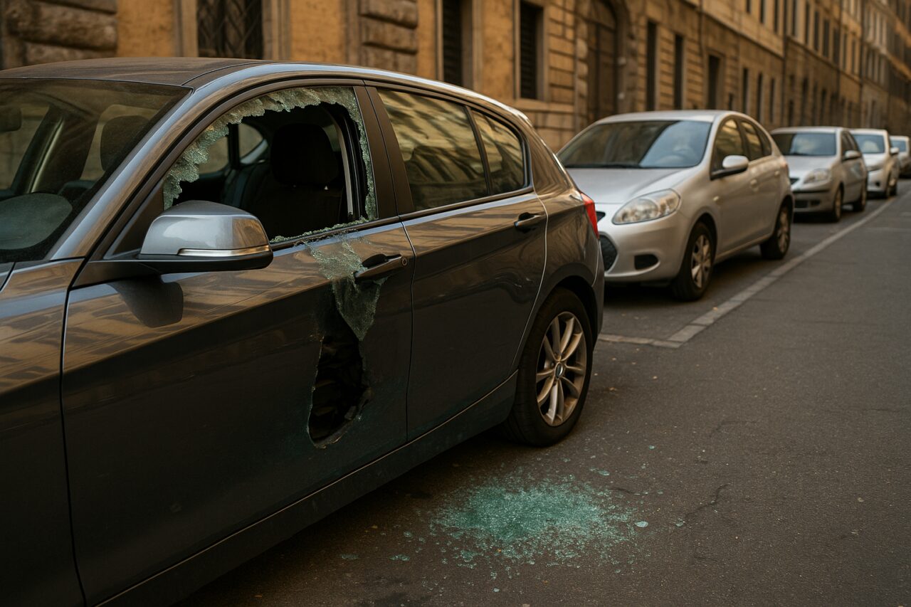 Auto con finestrino rotto in un parcheggio italiano: furto dall'abitacolo e protezione in noleggio a lungo termine