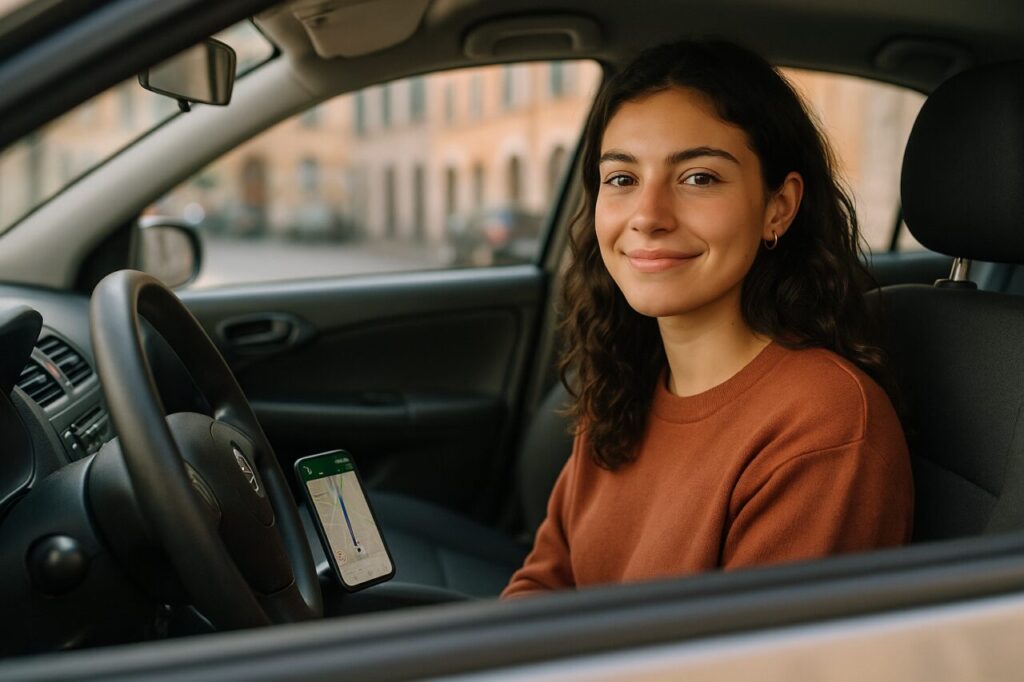 Giovane donna italiana in auto usata in NLT senza pensieri per assicurazione e manutenzione