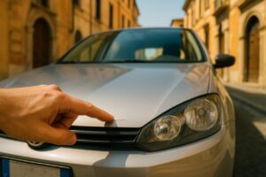 Mano señalando un pequeño arañazo en la pintura de un auto usado plateado en una calle italiana, fotografía profesional de automoción con enfoque en el daño superficial