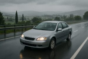 Auto usata in noleggio lungo termine che guida su strada bagnata sotto la pioggia con anabbaglianti accesi
