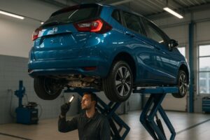 Honda Jazz ibrida su ponte elevatore per controllo tecnico sospensioni e cambio CVT in officina specializzata