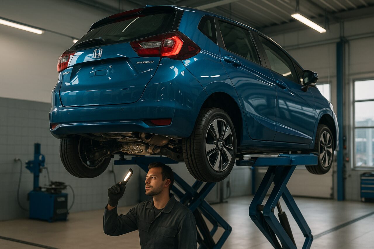 Honda Jazz ibrida su ponte elevatore per controllo tecnico sospensioni e cambio CVT in officina specializzata