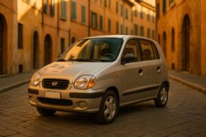 Hyundai Atos Prime usata parcheggiata in una strada italiana, noleggio a lungo termine citycar usata