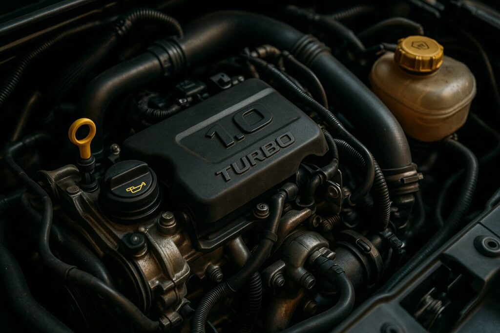 Motore T-GDI 1.0 turbo del Hyundai Bayon usato, dettaglio vano motore per manutenzione
