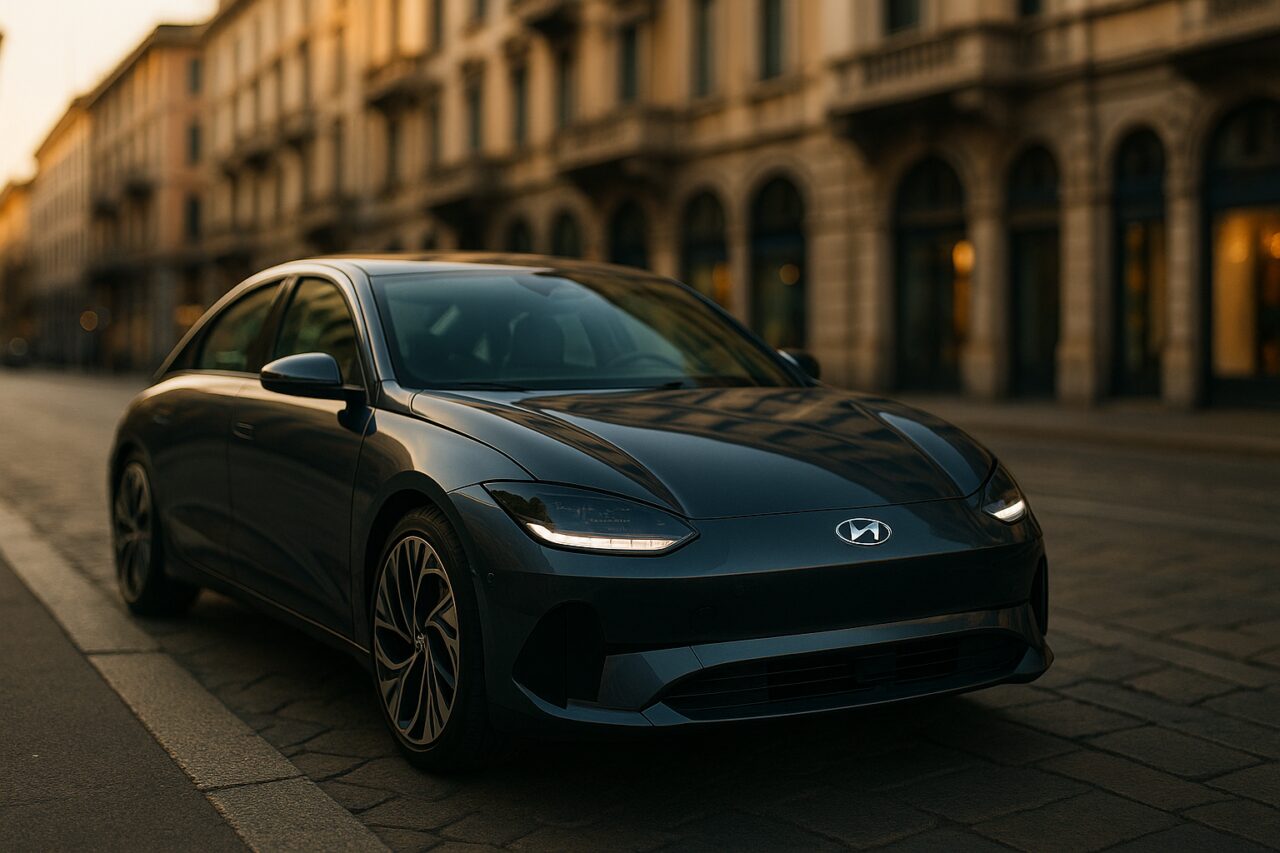 Hyundai Ioniq 6 usata in noleggio a lungo termine parcheggiata in una strada di Milano