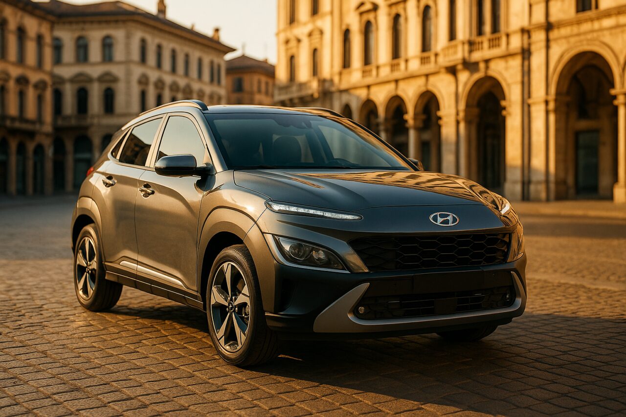 Hyundai Kona usato in noleggio a lungo termine parcheggiato in una città italiana