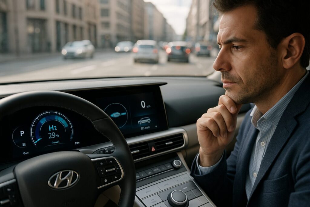 Interno Hyundai Nexo con display sistema idrogeno, noleggio a lungo termine auto tecnologica