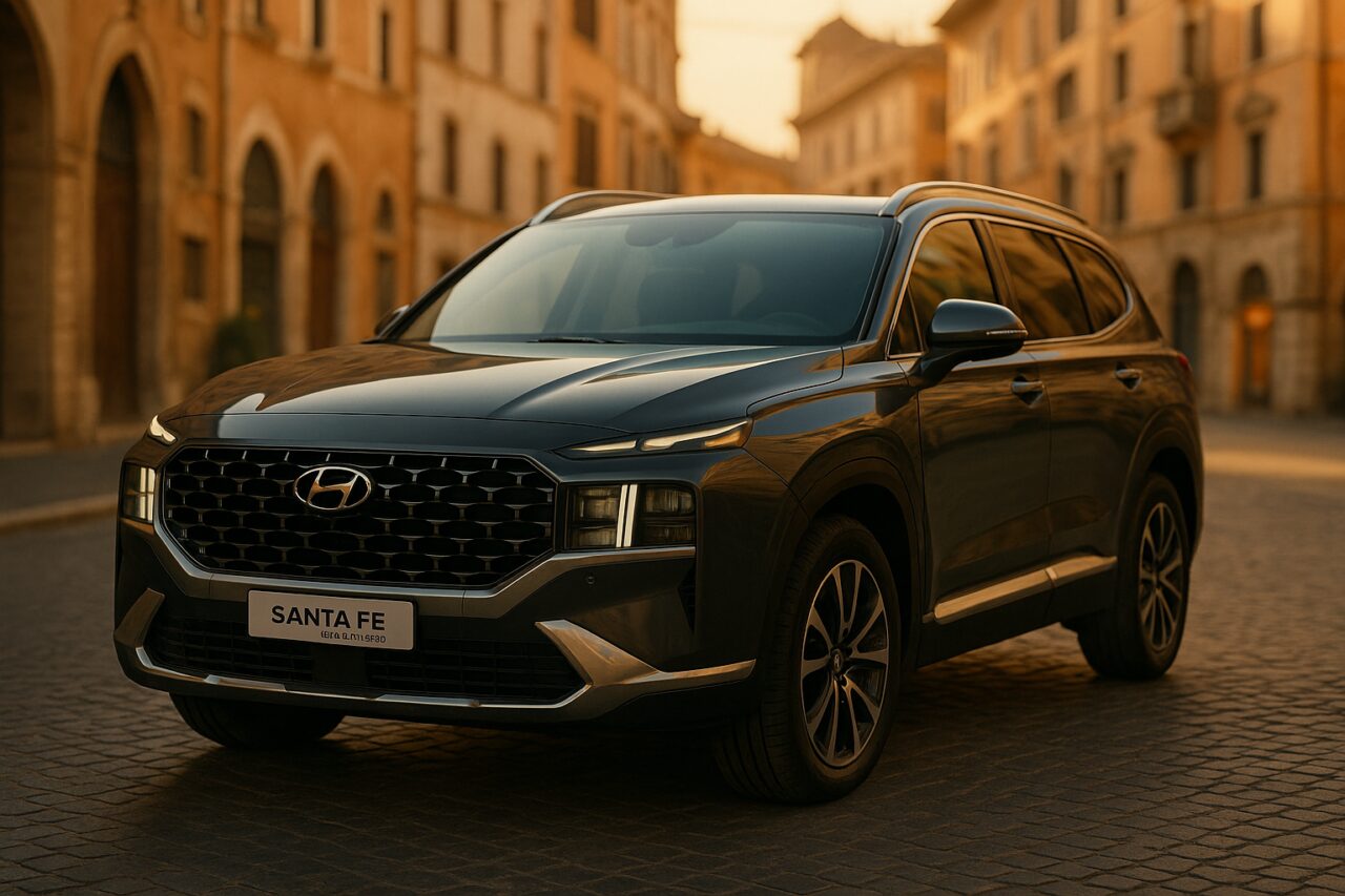 Hyundai Santa Fe Plug-in Hybrid parcheggiato in una strada italiana, noleggio a lungo termine SUV ibrido usato