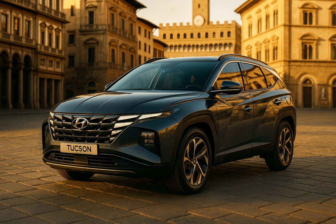 Hyundai Tucson usato in noleggio a lungo termine parcheggiato in una città italiana storica