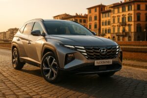 Hyundai Tucson ibrido plug-in parcheggiato su una strada storica di Firenze, noleggio a lungo termine SUV ibrido usato