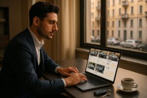 Uomo che usa l'intelligenza artificiale per scegliere un'auto usata in noleggio a lungo termine