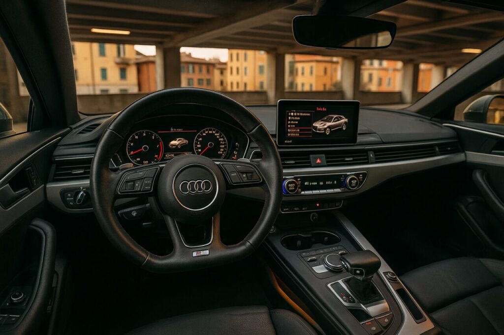 Interno Audi A5 Sportback usata con cambio S tronic e schermo MMI per reset e impostazioni noleggio lungo termine