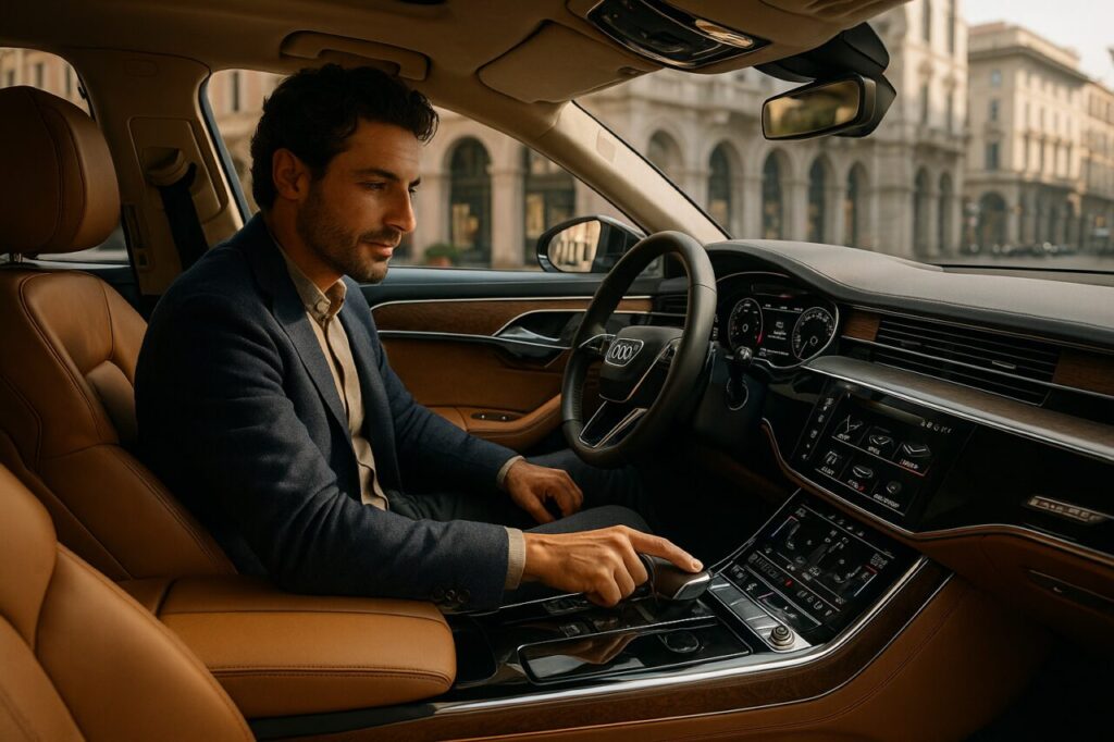Interno Audi A8 usata con sistema MMI, noleggio a lungo termine berlina di lusso per professionisti italiani