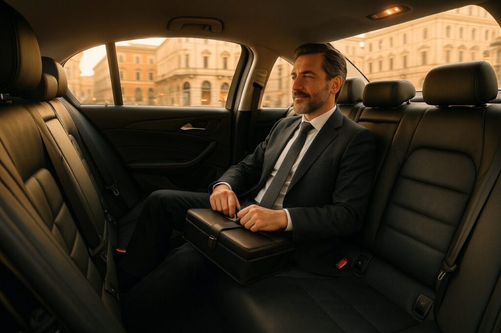 Interno confortevole di auto usata in noleggio a lungo termine per servizio NCC con passeggero business