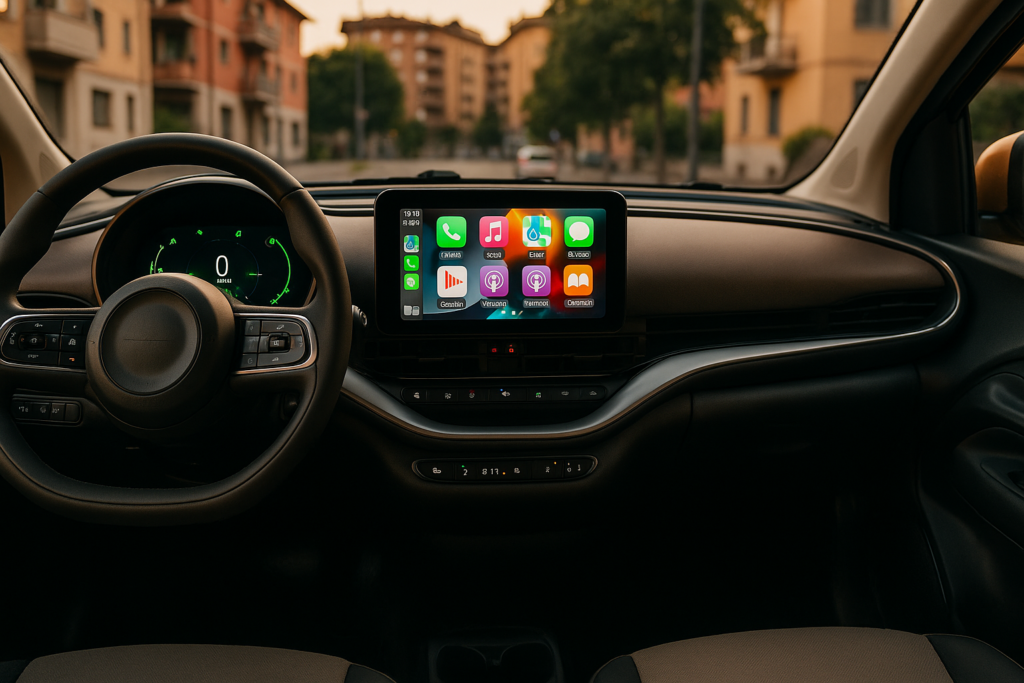Interno di auto piccola usata in NLT con tecnologia Apple CarPlay e sistemi di sicurezza