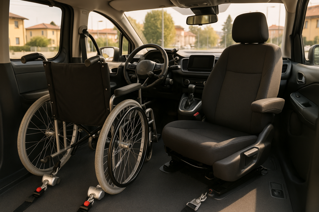 Interno di auto usata attrezzata per disabili con sistemi di ancoraggio per carrozzina e comandi adattati per guida autonoma