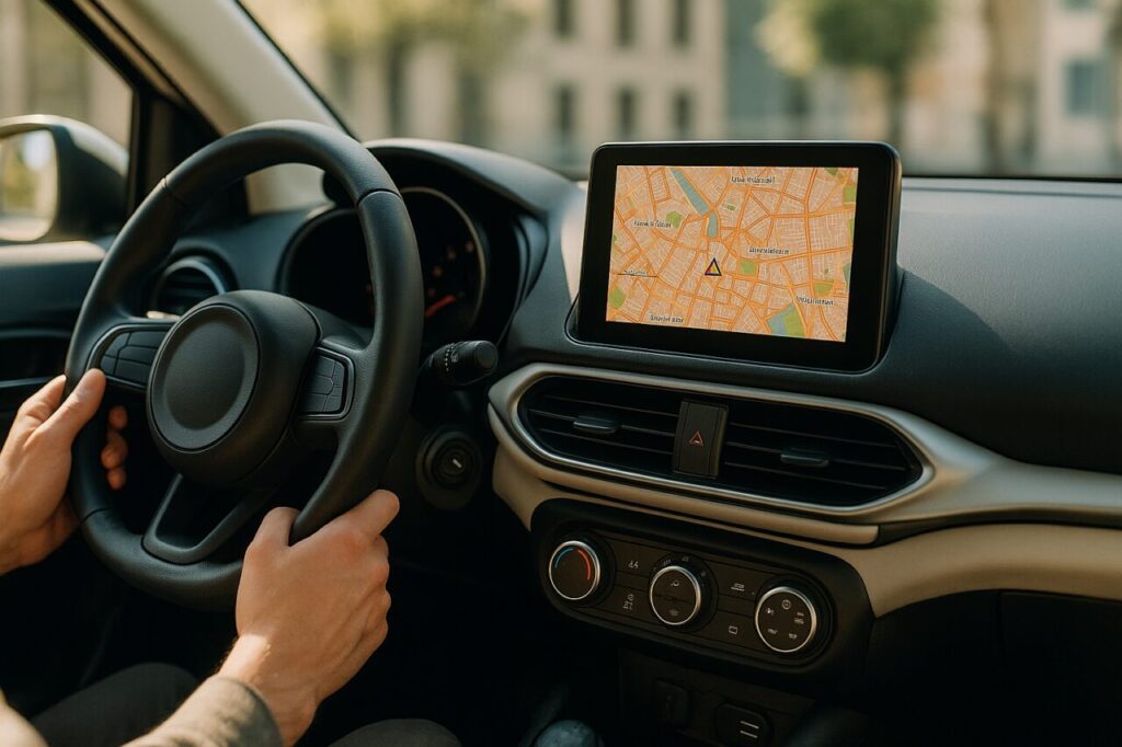 Interno di una city car usata a noleggio lungo termine con sistema di infotainment