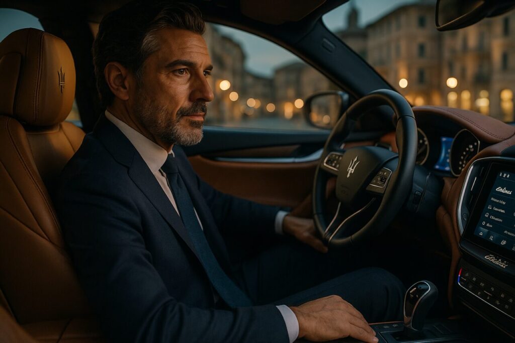Interno lussuoso Maserati Ghibli km0 in noleggio a lungo termine con touchscreen Maserati Connect