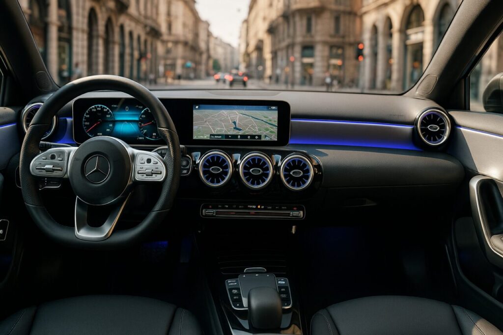 Interno Mercedes Classe A W177 con cambio 7G-DCT e sistema MBUX in noleggio lungo termine
