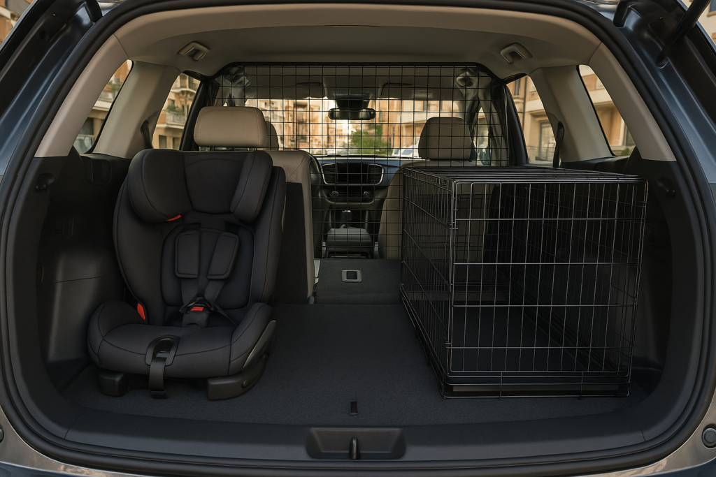 Interno di un SUV con seggiolino ISOFIX per bambini e divisorio per cane in noleggio a lungo termine