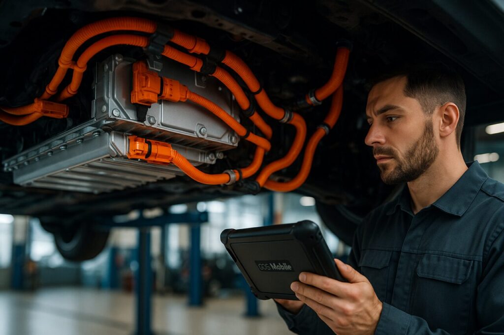 Meccanico specializzato controlla il sistema di raffreddamento della batteria di una Hyundai Ioniq 5 in officina italiana