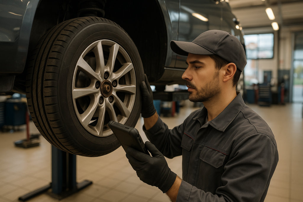 Tecnico che ispeziona freni e pneumatici di un'auto usata ricondizionata in officina per noleggio a lungo termine NLT
