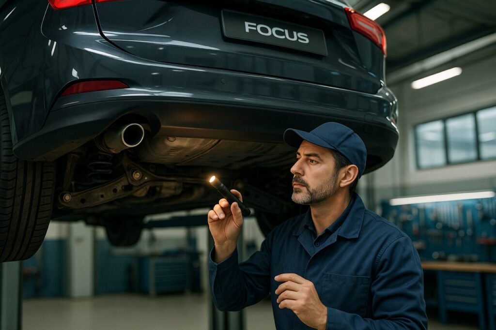 Meccanico italiano ispeziona le sospensioni posteriori multilink di una Ford Focus usata su elevatore in officina