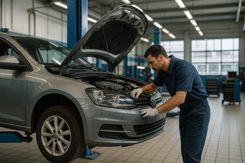 Meccanico professionista che ispeziona il motore di un'auto usata prima del noleggio a lungo termine