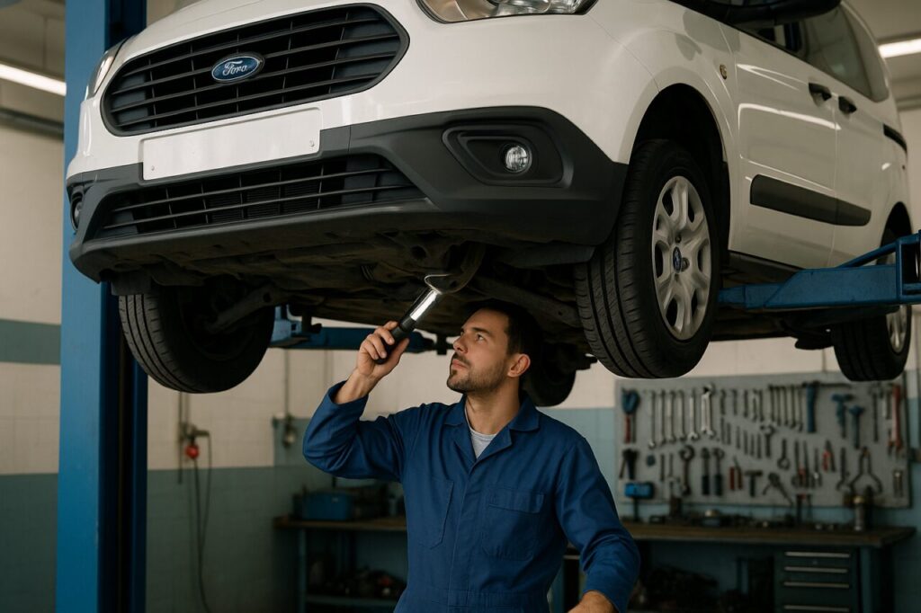 Meccanico che ispeziona i braccetti anteriori e i silent block di un Ford Transit Courier Kombi usato in officina italiana