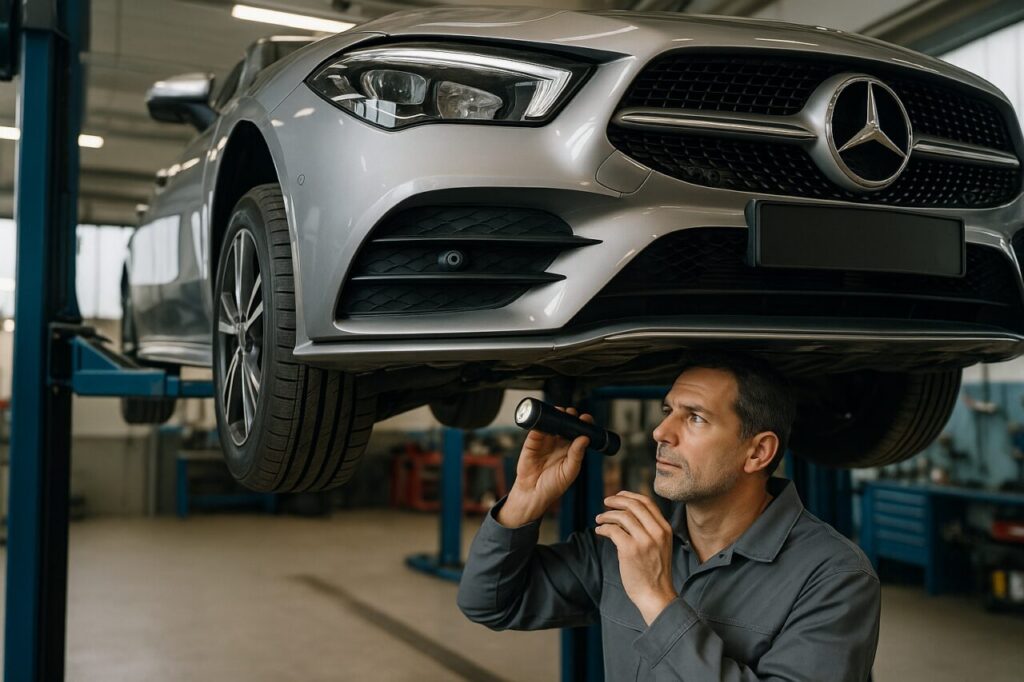 Meccanico ispeziona i braccetti anteriori e il cambio DCT di una Mercedes CLA usata in officina