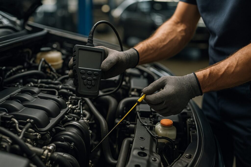 Mecánico profesional inspeccionando motor de auto usada, diagnóstico técnico para noleggio lungo termine