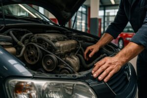 Meccanico che ispeziona il motore di un'auto usata, verificando cinghie e componenti per problemi di cigolio e manutenzione nel noleggio a lungo termine