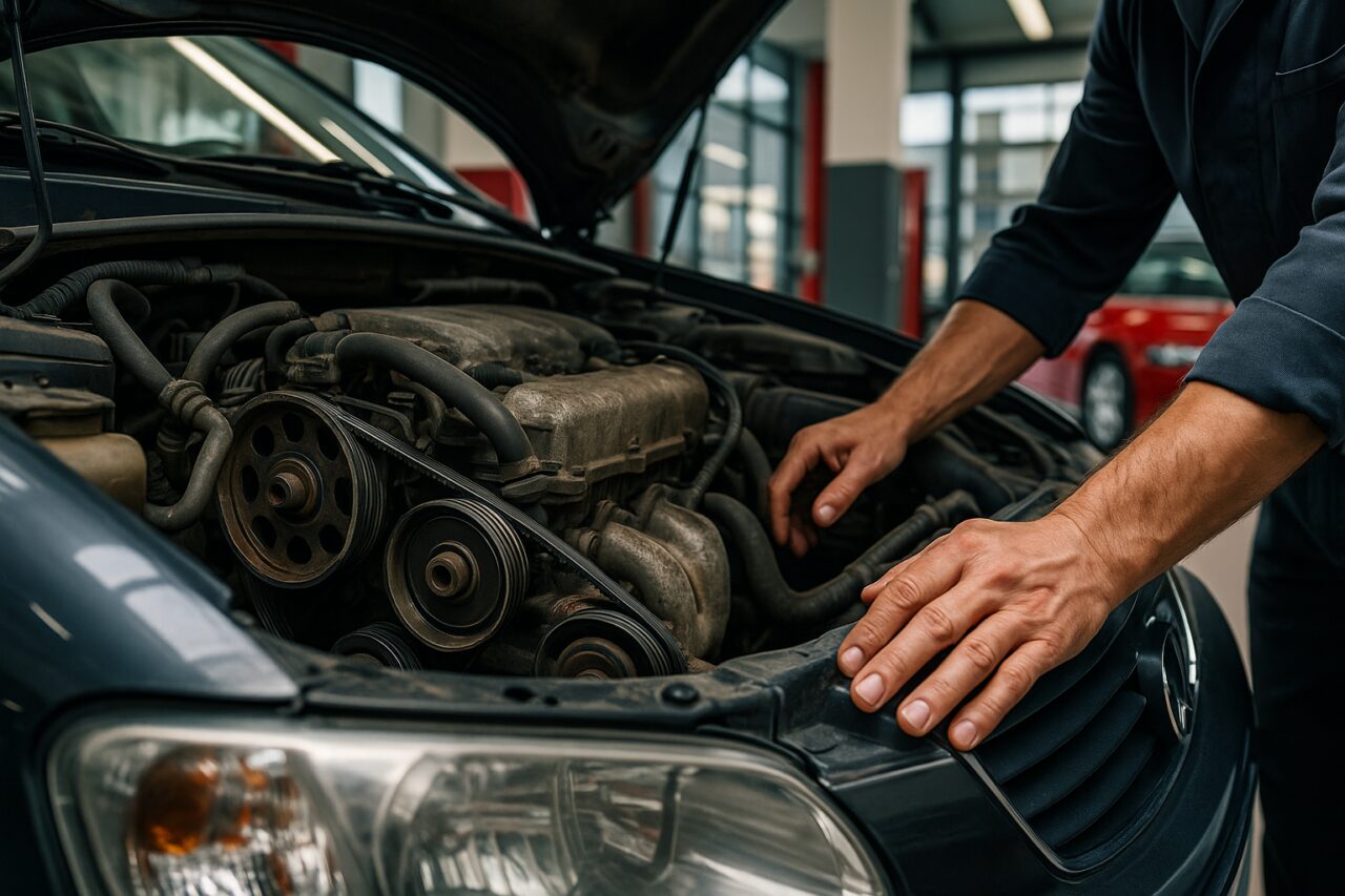 Meccanico che ispeziona il motore di un'auto usata, verificando cinghie e componenti per problemi di cigolio e manutenzione nel noleggio a lungo termine