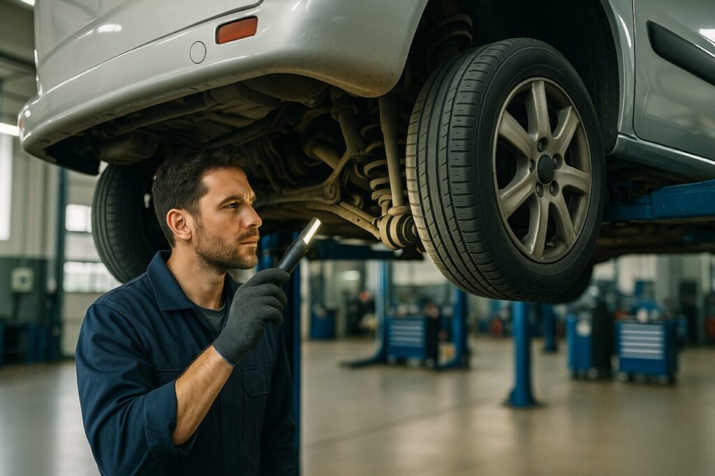 Meccanico ispeziona il retrotreno e i braccetti di un Ford Grand Tourneo Connect in officina