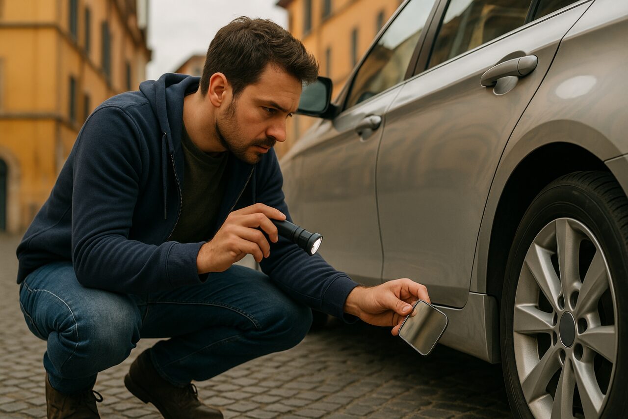 Ispezione ruggine auto usata noleggio a lungo termine con specchietto e torcia LED