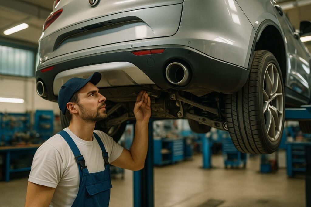 Meccanico ispeziona le sospensioni multilink di un Alfa Romeo Stelvio usato in officina