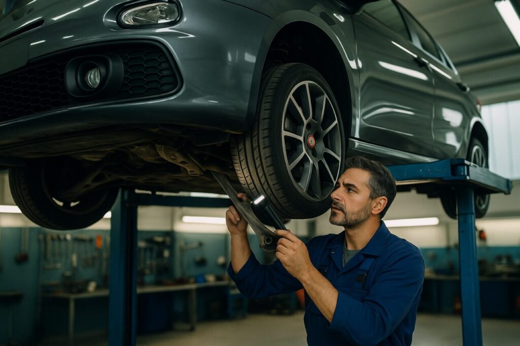 Meccanico italiano controlla i braccetti e silent block anteriori di una hot hatch usata