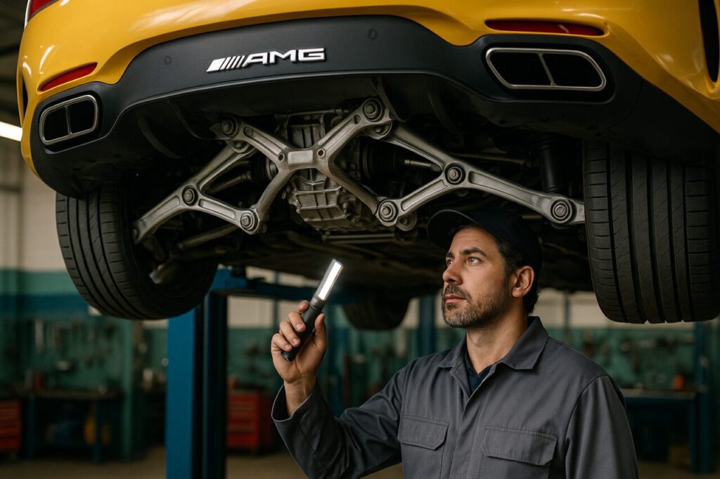 Meccanico specializzato AMG ispeziona le sospensioni e i braccetti della Mercedes-AMG GT usata sul ponte