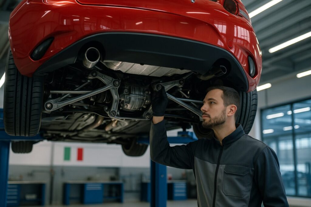 Ispezione sospensioni posteriori e differenziale Torsen LSD su Abarth 124 Spider usato al ponte sollevatore
