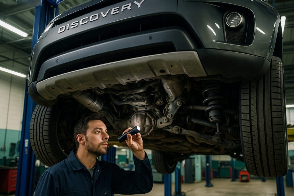 Meccanico ispeziona le sospensioni pneumatiche di un Land Rover Discovery usato su ponte elevatore