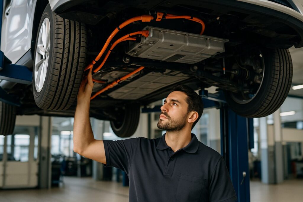 Inspección técnica de vehículo eléctrico usado en taller especializado para noleggio lungo termine