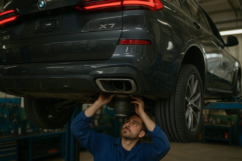 Meccanico specializzato BMW ispeziona le sospensioni pneumatiche di un X7 usato in officina italiana