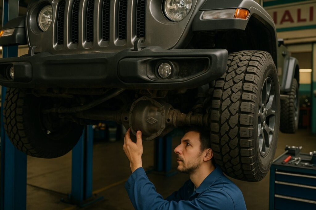 Meccanico specializzato ispeziona il sottoscocca e gli assali di un Jeep Wrangler usato in officina italiana