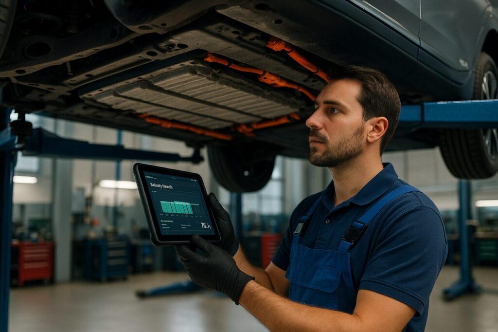 Meccanico specializzato controlla il pacco batterie e il sottoscocca di una KIA e-Niro usata in officina italiana